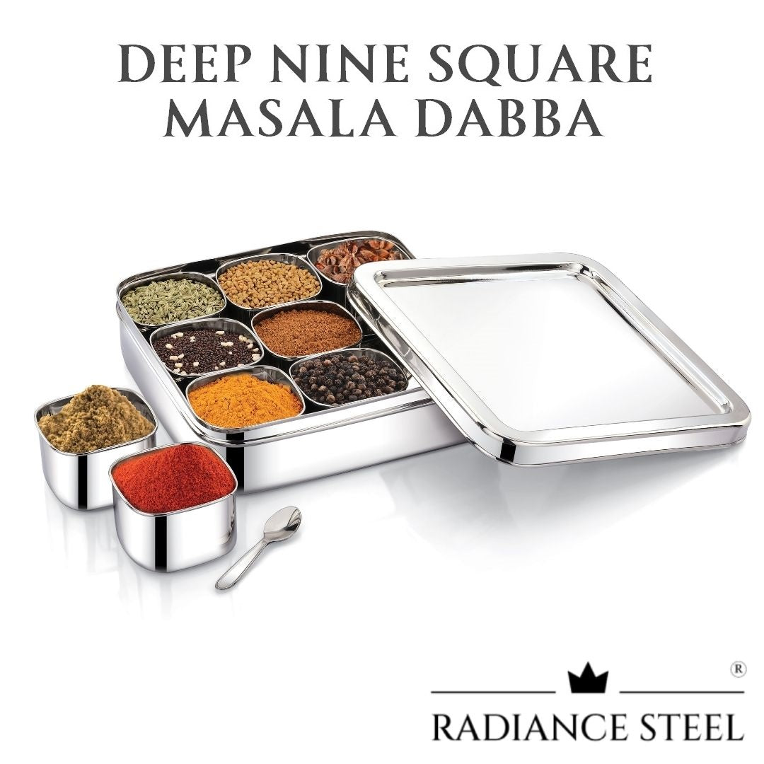 Stainless Steel Deep Square[See through Lid] Masala Dabba | Spice Box | Dry Fruit Box  with 9 Square Inner Cups and a Spoon