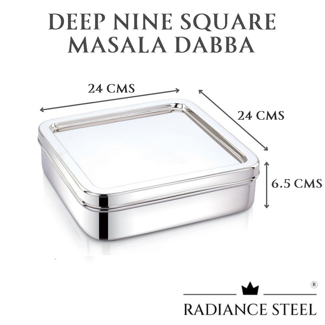 Stainless Steel Deep Square[See through Lid] Masala Dabba | Spice Box | Dry Fruit Box  with 9 Square Inner Cups and a Spoon