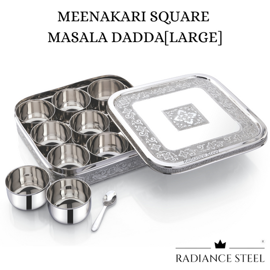 Meenakari Stainless Steel Masala Dabba | Spice Box with Nine Round Inner Cups And A Spoon[LARGE]