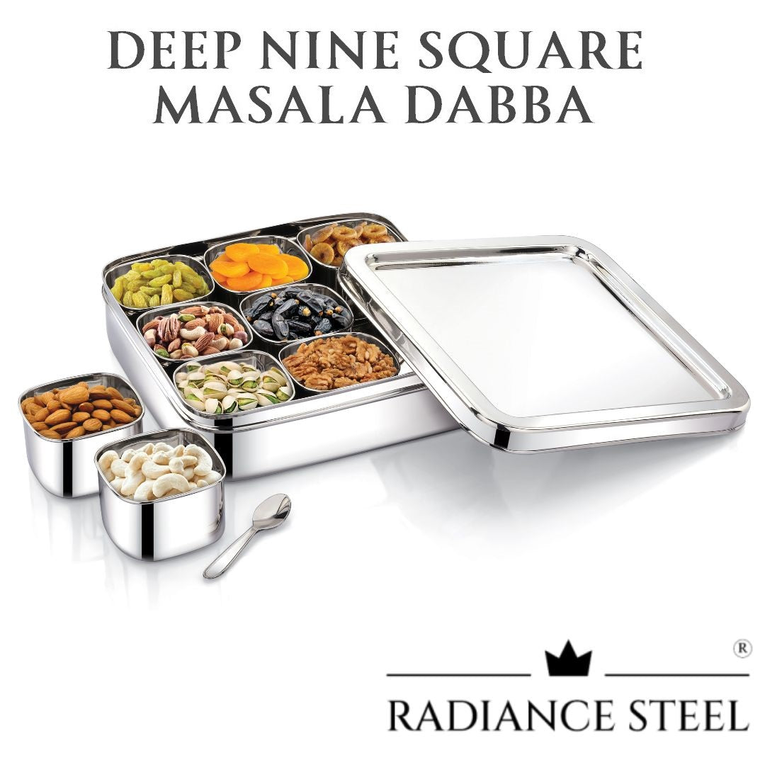 Stainless Steel Deep Square[See through Lid] Masala Dabba | Spice Box | Dry Fruit Box  with 9 Square Inner Cups and a Spoon