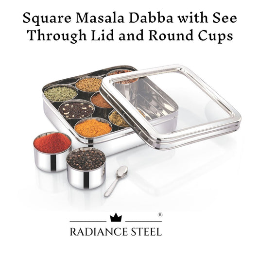 Stainless Steel Deep Square Masala Dabba | Dry Fruit Box | Spice Box [See Through Lid] with Nine Round Inner Cups  And a Spoon