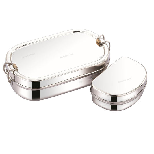 Stainless Steel Oval Lunch Box with Mini Container Sturdy and Durable, Kids Friendly Design(Available in 2 Sizes: Small,Large) - Radiance Steel | Manufacturers of Premium stainless steel lunchbox | masala dabba | Canisters | kitchen storage containers