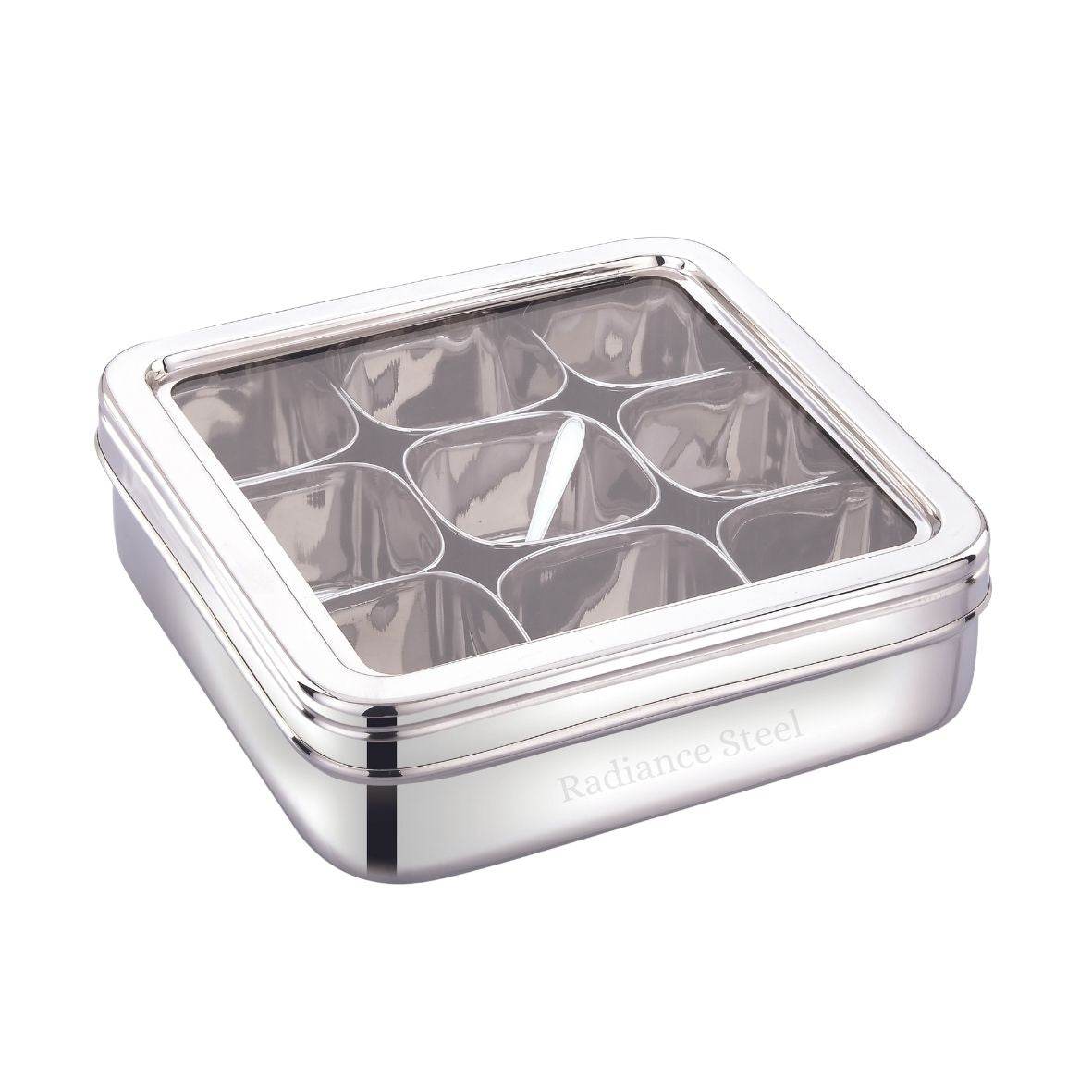 Stainless Steel Deep Square [See Through ] Masala Dabba / Spice Box With Nine Square Cups And A Spoon - Radiance Steel | Manufacturers of Premium stainless steel lunchbox | masala dabba | Canisters | kitchen storage containers