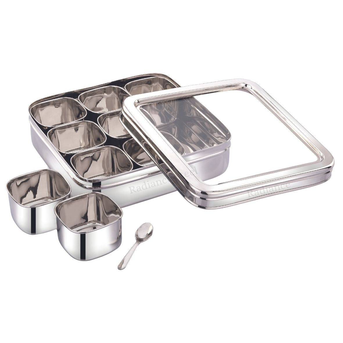 Stainless Steel Deep Square [See Through ] Masala Dabba / Spice Box With Nine Square Cups And A Spoon