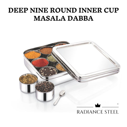 Stainless Steel Deep Square  Masala Dabba | Spice Box | Dry Fruit Box [Plain Lid]  With 9 Round Inner Cups And a  Spoon