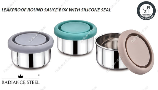 Round Sauce Container with High Quality Food Grade Silicon Lid - Set Of 3 - Radiance Steel | Manufacturers of Premium stainless steel lunchbox | masala dabba | Canisters | kitchen storage containers