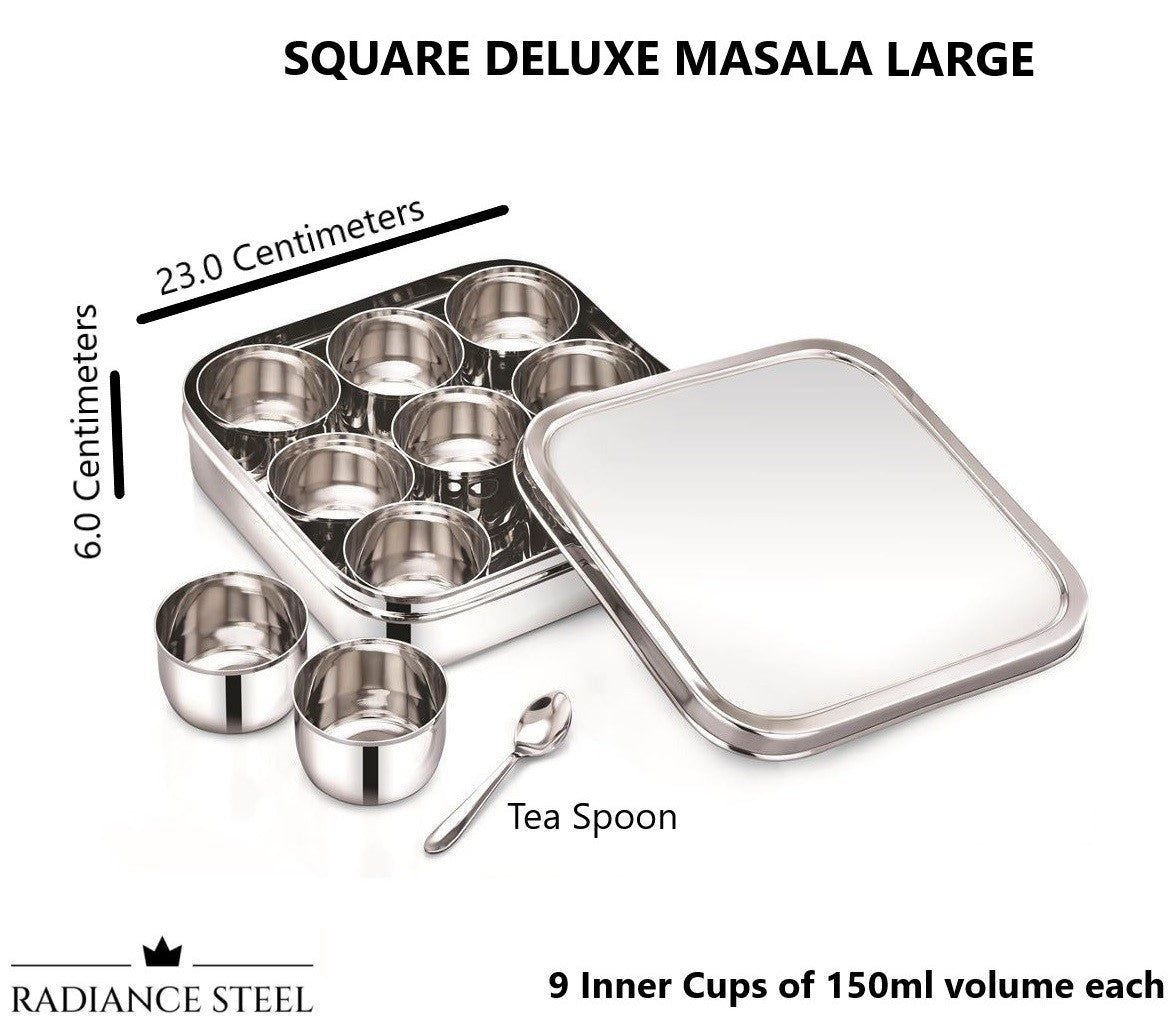 Stainless Steel Square Masala Dabba / Spice Box with Nine inner Cup and a spoon (Available in 2 size) - Radiance Steel | Manufacturers of Premium stainless steel lunchbox | masala dabba | Canisters | kitchen storage containers