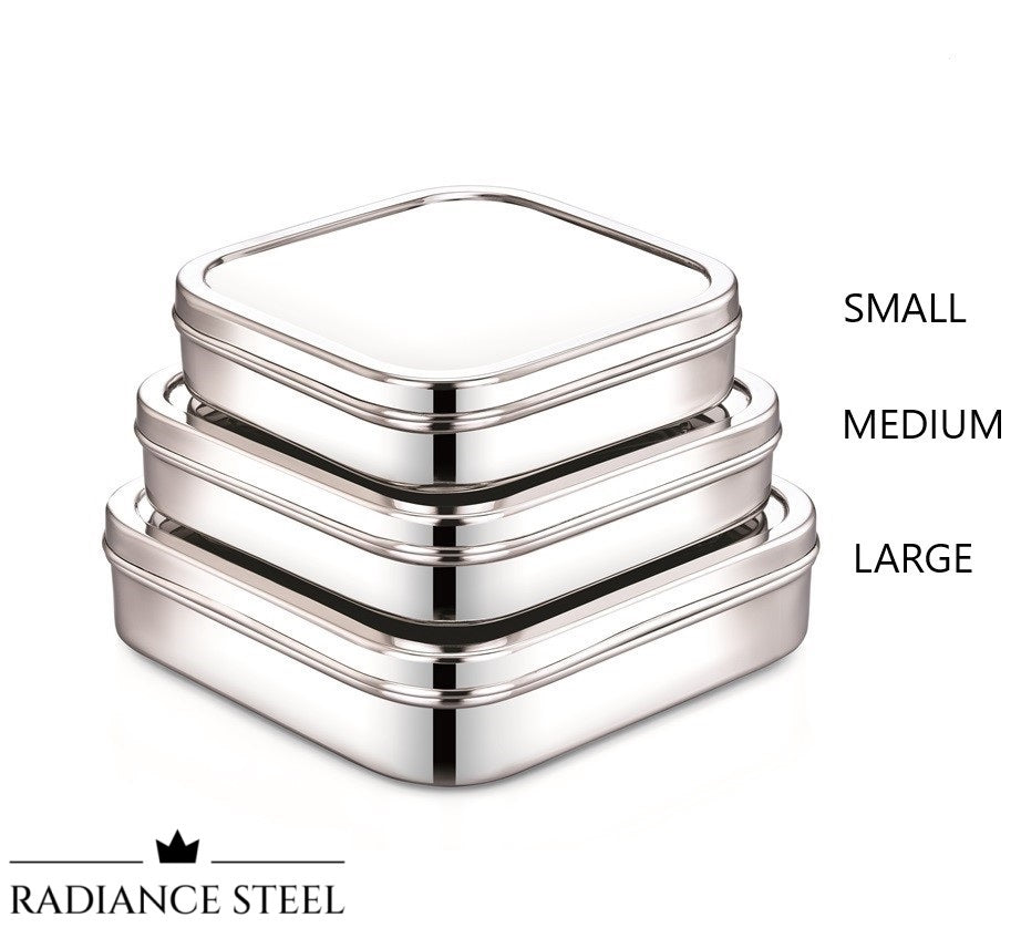 Stainless Steel Multi-Purpose  Square Storage Container Set of 3, Capacity Small- 1300ml, Medium -1800ml & Large - 2500ml - Radiance Steel | Manufacturers of Premium stainless steel lunchbox | masala dabba | Canisters | kitchen storage containers