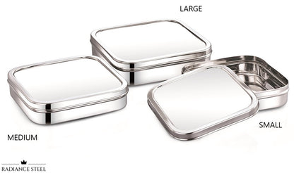 Stainless Steel Multi-Purpose  Square Storage Container Set of 3, Capacity Small- 1300ml, Medium -1800ml & Large - 2500ml - Radiance Steel | Manufacturers of Premium stainless steel lunchbox | masala dabba | Canisters | kitchen storage containers