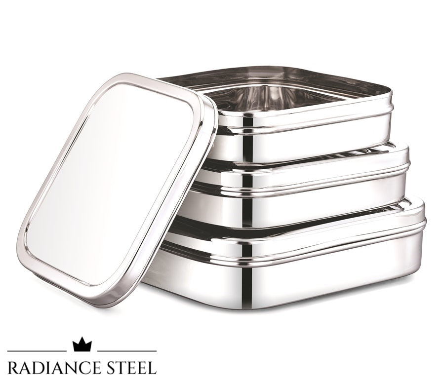 Stainless Steel Multi-Purpose  Square Storage Container Set of 3, Capacity Small- 1300ml, Medium -1800ml & Large - 2500ml - Radiance Steel | Manufacturers of Premium stainless steel lunchbox | masala dabba | Canisters | kitchen storage containers