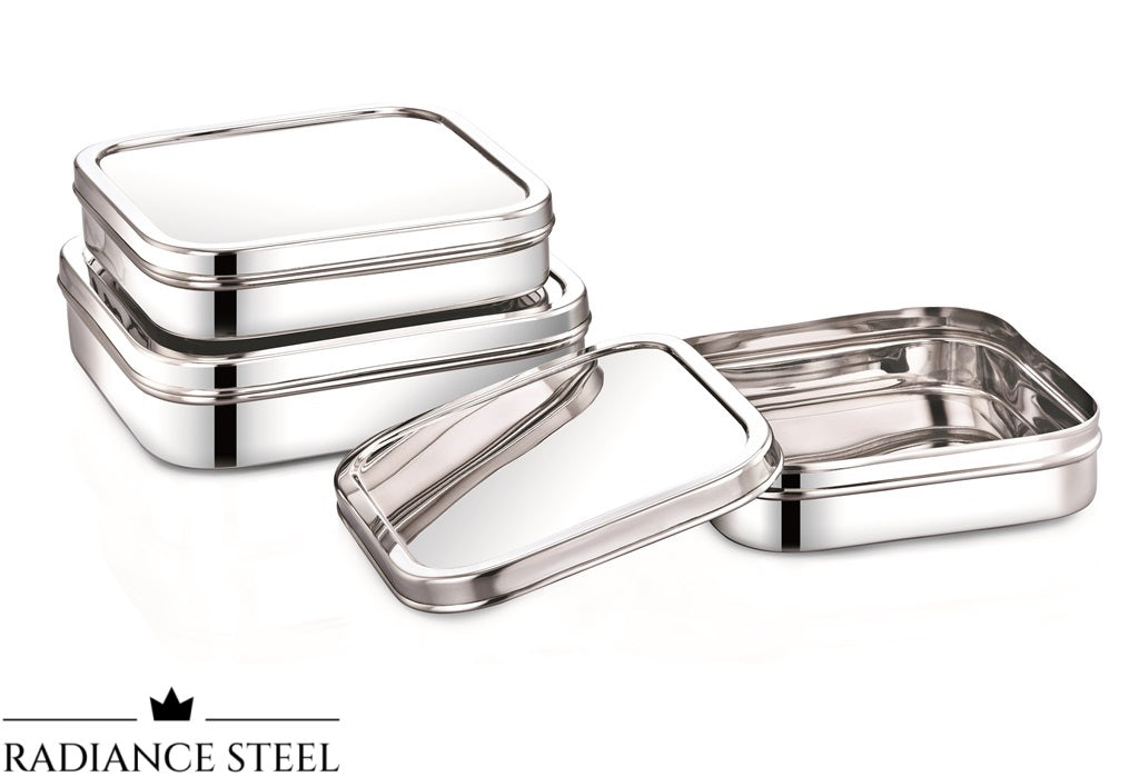 Stainless Steel Multi-Purpose  Square Storage Container Set of 3, Capacity Small- 1300ml, Medium -1800ml & Large - 2500ml - Radiance Steel | Manufacturers of Premium stainless steel lunchbox | masala dabba | Canisters | kitchen storage containers