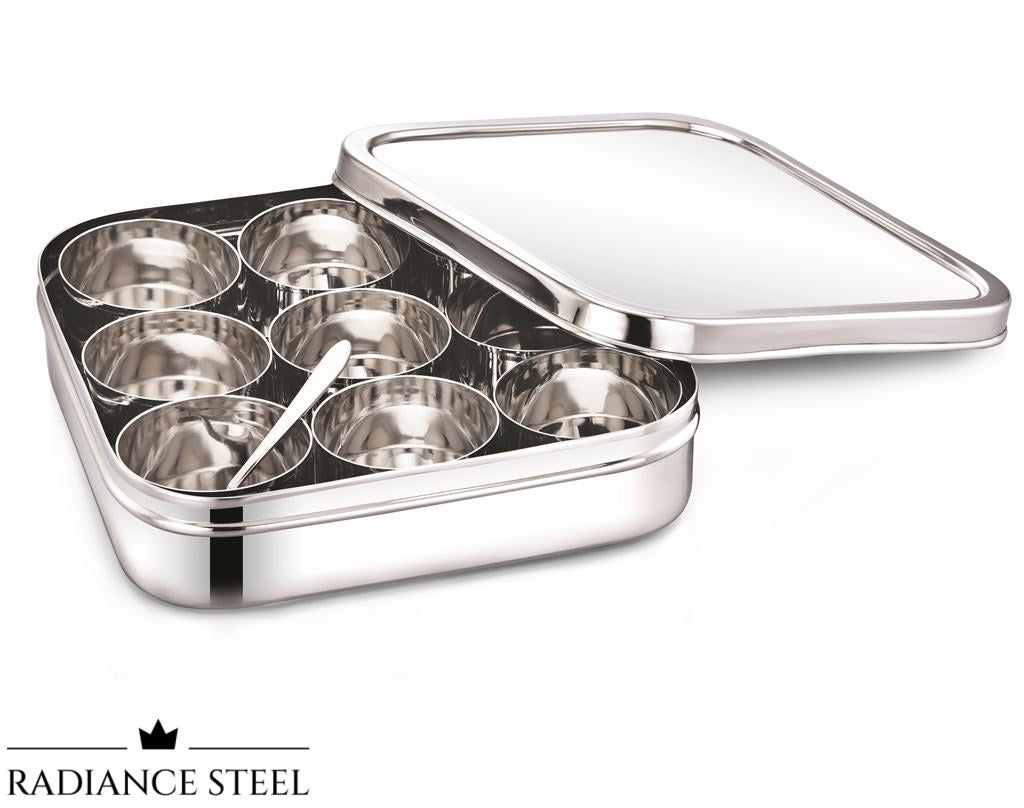 Stainless Steel Square Masala Dabba / Spice Box with Nine inner Cup and a spoon (Available in 2 size)