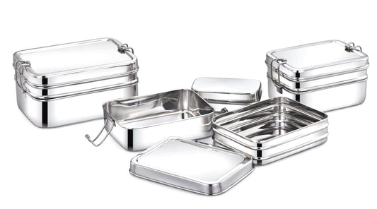 Two-Tier Rectangular Lunch Box With Mini Container (2 sizes- Small, Large) - Radiance Steel | Manufacturers of Premium stainless steel lunchbox | masala dabba | Canisters | kitchen storage containers